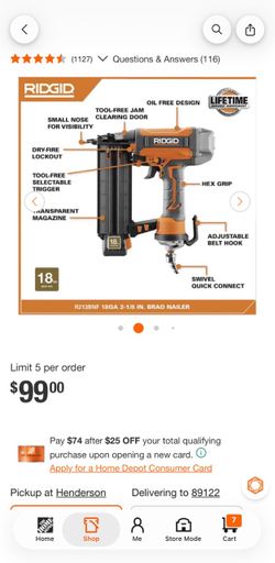 Clean Drive 18ga 2-1/8inch Ridgid Brad Nailer