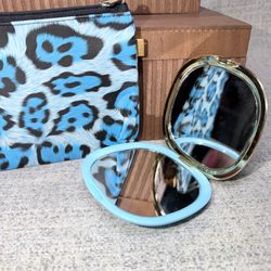 Blue Leopard Print Cosmetic Makeup Bag & 2 Compact Mirrors 2 Piece Bundle
