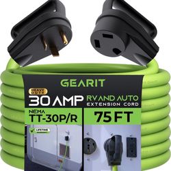 GearIT 30-Amp Extension Cord for RV and Auto, (75-Feet) 3-Prong 125-Volt 10/3 STW 10AWG Gauge 3 Wire, NEMA TT-30P to TT-30R, Outdoor Camper Power Cord