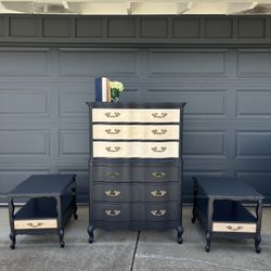 Vintage French Provincial Set With Serpentine Tall Dresser and A Pair of Side Tables / Nightstands 