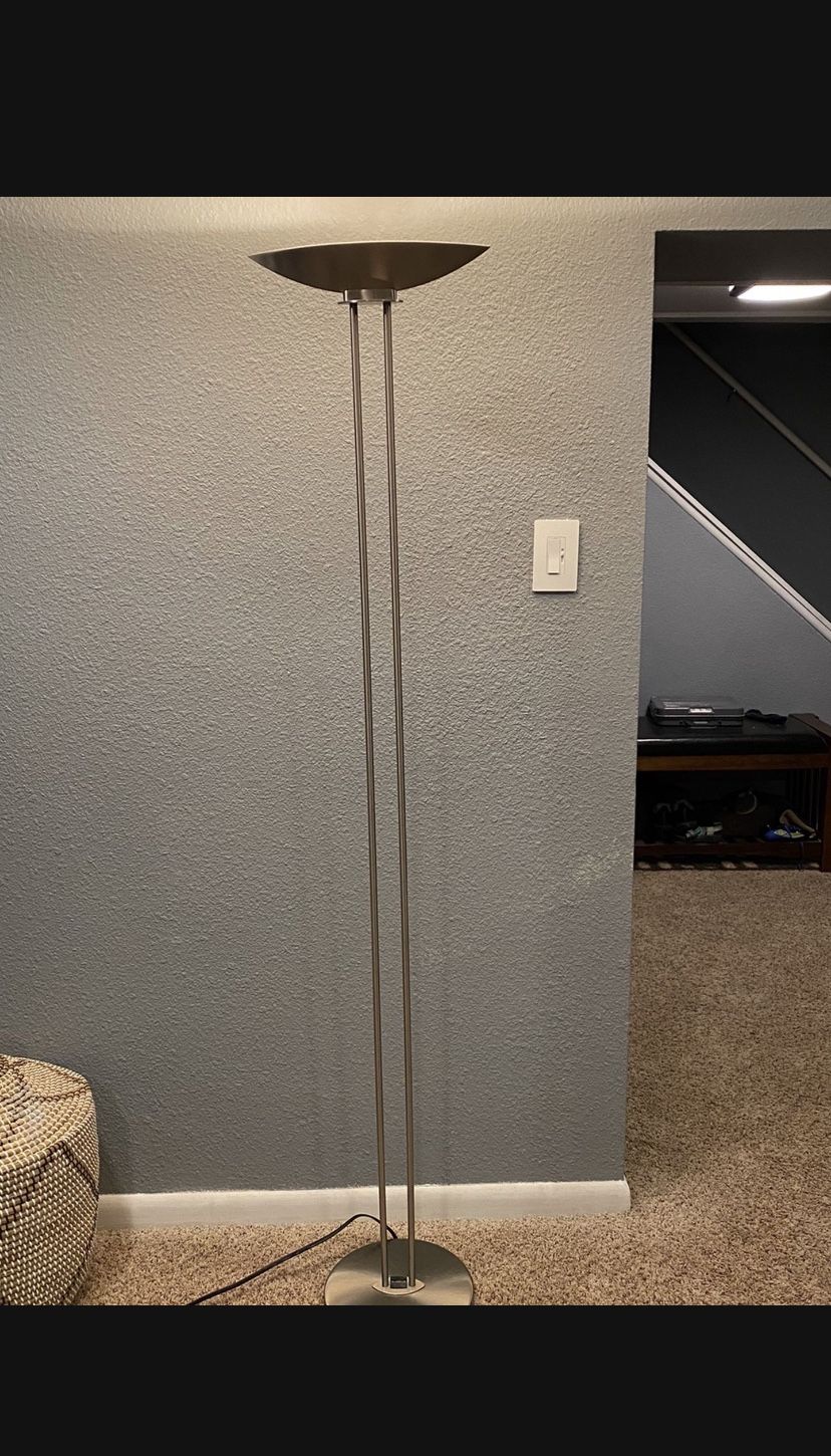 Selling this Holtkotter Torchiere Satin Nickel Halogen Floor Lamp With Alternate Foot Dimmer. Unit tested and works perfect.
