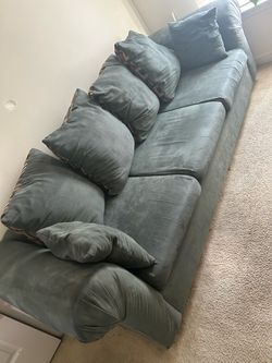 Large Gray-Blue Fabric Sofa with Pillows