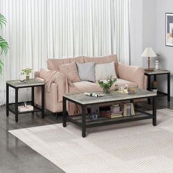 New AWQM Coffee Table Set of 3, Industrial Coffee Table with 2 Square End Side Tables, Metal Frame, Grey