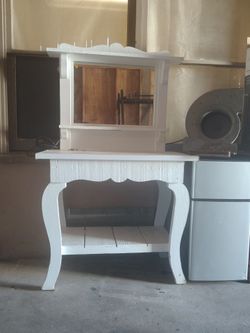 Vintage White Wood Vanity with Mirror - Cottage Style
