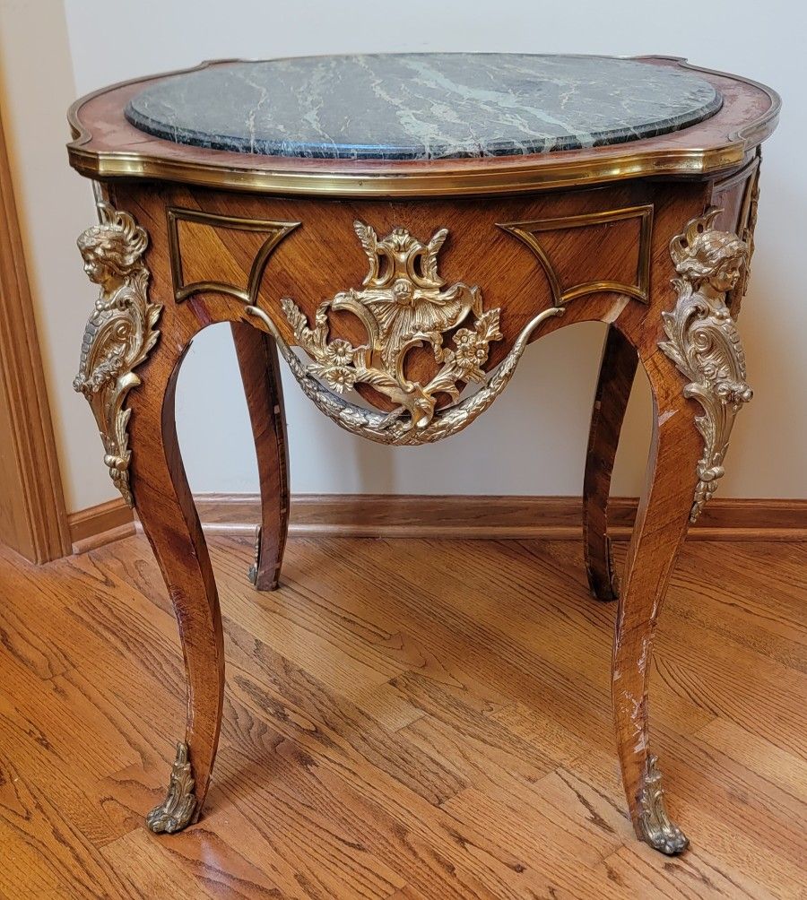 French Antique Louis XVI Mahogany Wood Table Green Marble Top Bronze Ormolu Trim