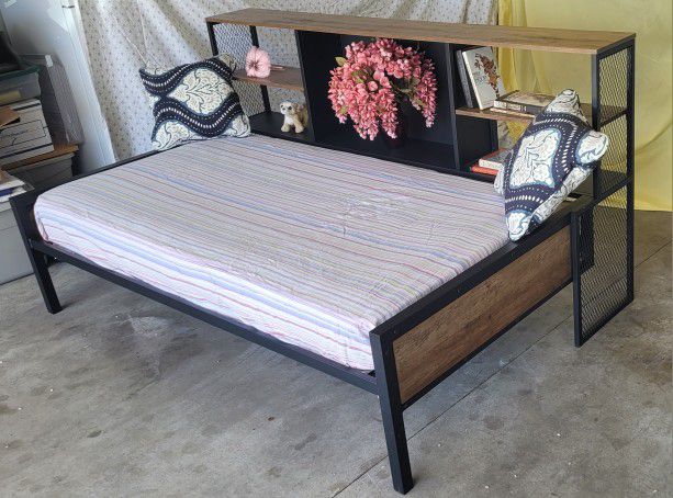 Single Bed with Mattress and Attached Bookcase