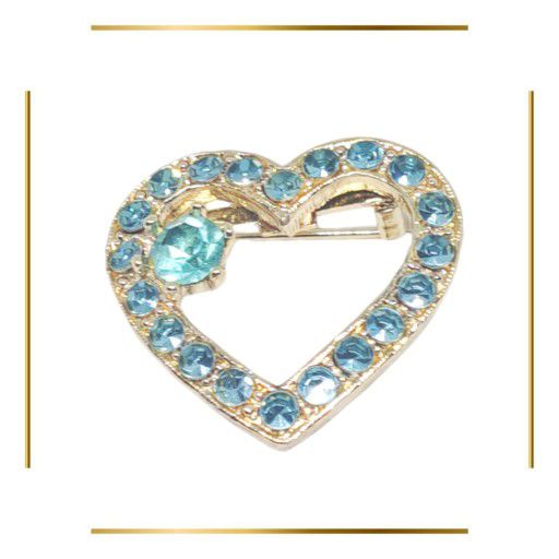 Gold Tone Heart Shaped Brooch with Blue Rhinestones. Shipping Only.  