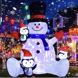 Lighted Inflatable Snowman Christmas Outdoor Decoration - 7ft Blow Up Snowman and Penguins with Built-in Colorful Rotating LED Lights Inflatable Yard 