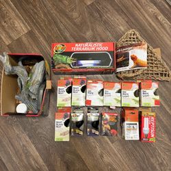 Reptile Terrarium Accessories Bundle – Zoo Med Hood, Heat/UV Bulbs, Decor & More