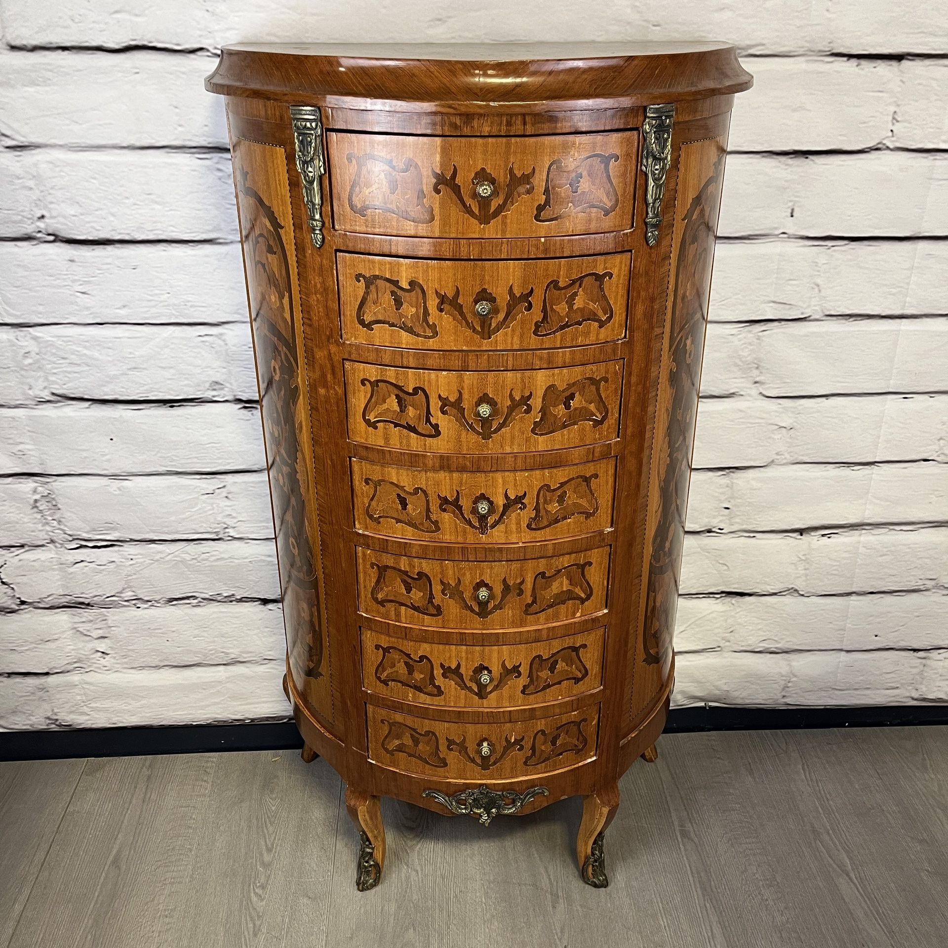 Vintage French Style Wood Marquetry Rounded Dresser