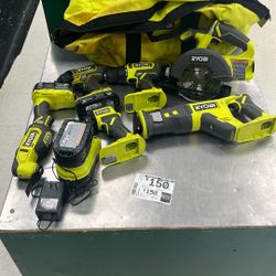 Ryobi 6 Pc Cordless Combo 2 Batteries And Charger And Bag