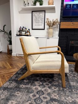 Beige Natural Wood Upholstered Mid Century Modern Accent Chair