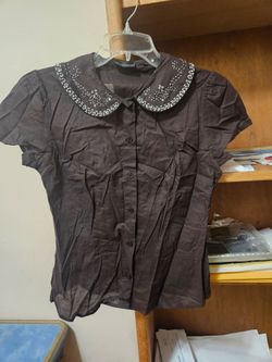 New York & Company Black S/S Collared Blouse Small Vintage