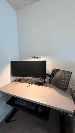 Linak Electric Standing Desk with Dual Arm Monitor Mount with laptop tray - Monitor Not Included