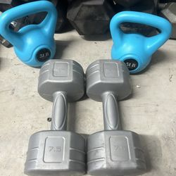 pair of 7.5lb dumbbells and 5lb pair of kettlebells $25