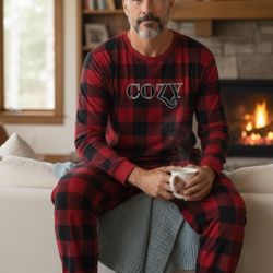 Men holiday Christmas pajama red black checkered flannel matching family new 