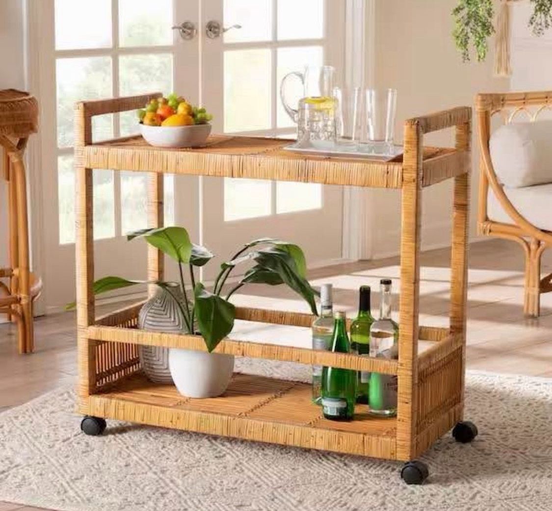 New Boho Bohemian Rattan Kitchen Butler Wine Storage Cart Table