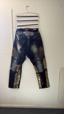 Makobi Designer Men's Distressed Moto Jeans with Gold Foil Detail