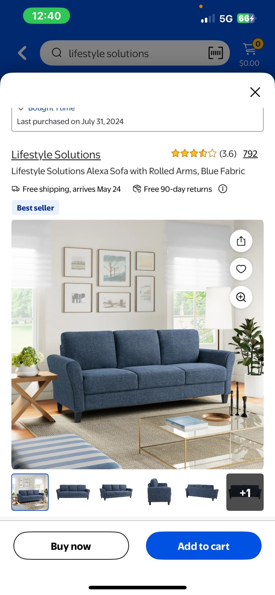 Alexa Sofa with Rolled Arms, Blue Fabric