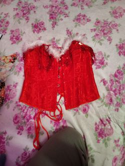 Red Corset Top With Fur And Sequin Dangles 