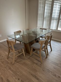 ✨ Heavy Glass Dining Table with Solid Wood Base + 6 Upholstered Chairs – Modern 7-Piece Set
