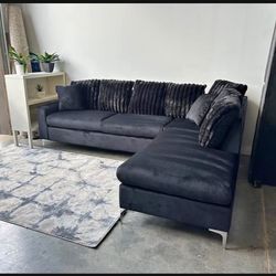 New Modern Black Velvet L-shape Sectional With Silver Metal Legs 