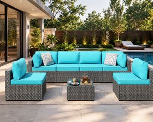 New 7 pcs Outdoor Patio Sectional Furniture Outdoor Wicker Sofa, Patio Furniture Sets for Backyard (Blue)  New in box  DSTB7-H1, DSA-H1, DSA-H1 *  * M