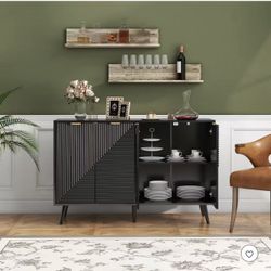 47.2 Inches Wide 4 Doors Fluted Sideboard Buffet Cabinet with Adjustable Shelf, Black