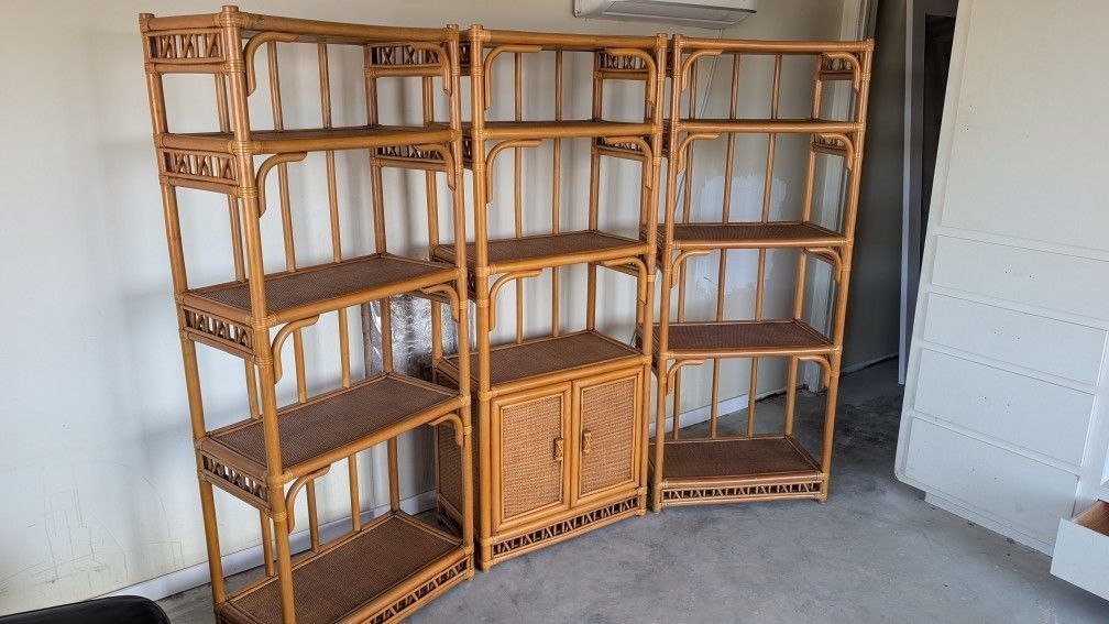 Vintage Bamboo Bookcase Set 3pc Modular Shelves Golden Rattan Tiki Boho Rack Case Stand Beach Cabinet Media Shelf Entertainment Center