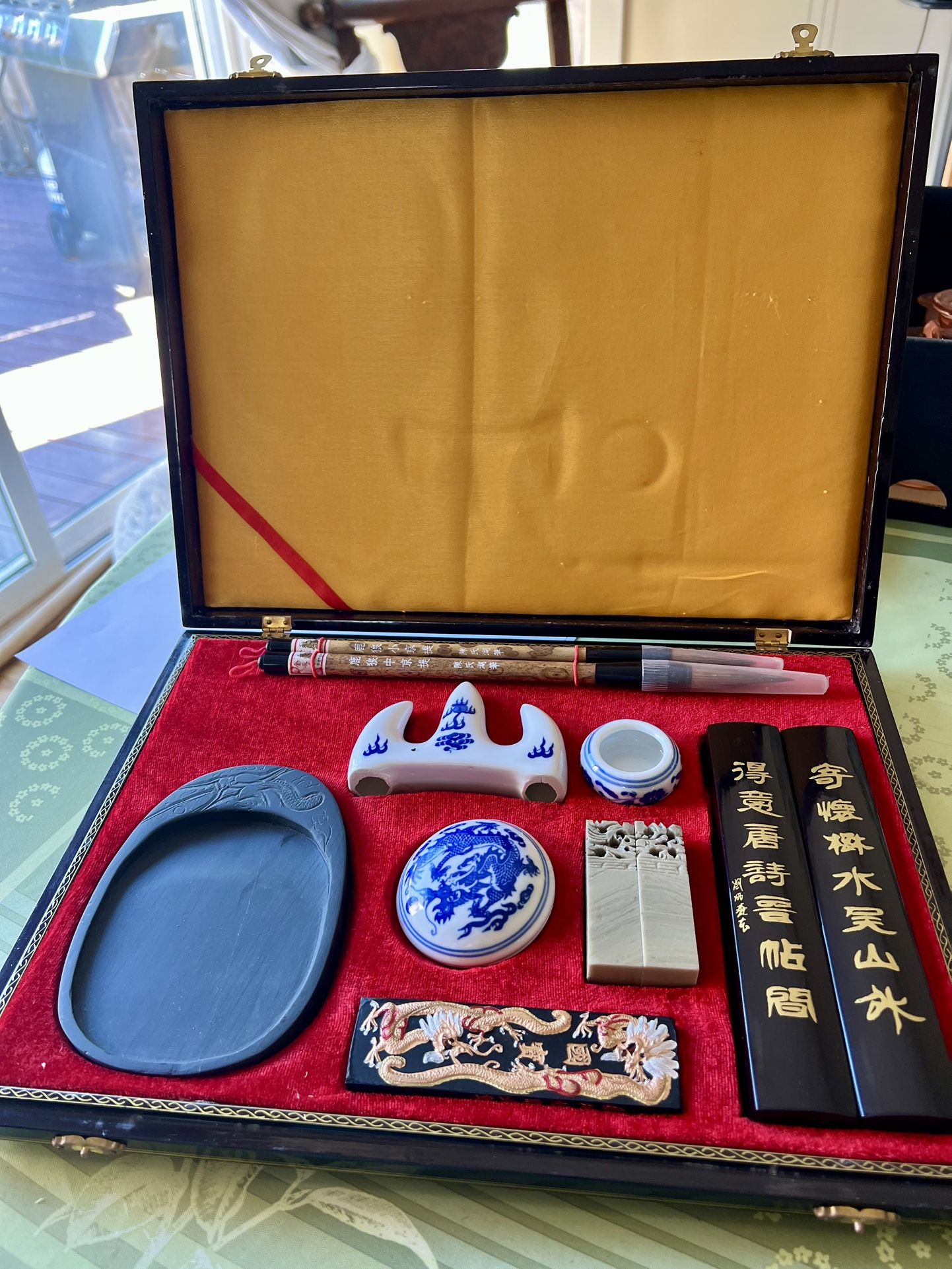 Large Lacker case Of Chinese Calligraphy Brushes/ Ink ( Red) 11 Piece Set