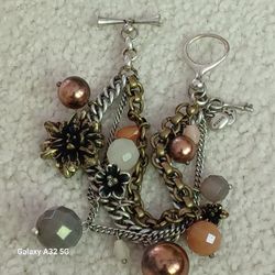 Fossil Silver Tone Cha Cha Faux Pearl ,flower Bracelet