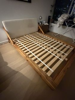 CB2 Queen Bed with upholstered headboard - Low. Great condition