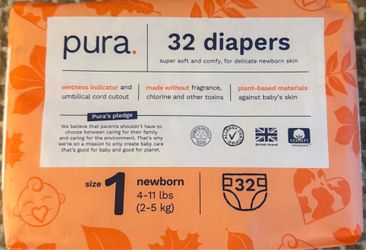 New Pura Hypoallergenic Baby Diapers Size 1 Newborn (4-11 lbs) 32 Count