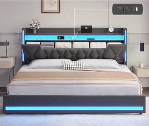 King Size Bed Frame with Storage Headboard and LED Lights