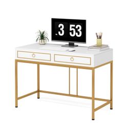 Computer Desk with 2 Drawers, 41.34” Modern Simple White and Gold Writing Desk with Storage Drawers, Makeup Vanity Console Table Study Desk for Home O