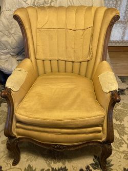 Vintage Gold Wingback Chair With Ornate Wood Frame