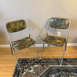 Set of 2 Samsonite Padded Folding Chairs Green Floral 1960s MCM - Nice Vintage