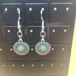 Circle Style Turquoise Mosaic Dangling Earrings 