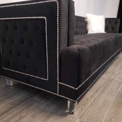 Black Velvet Tufted Sofa Loveseat Set Nailhead Trim Accent Acrylic Legs Fur Pillows Included Brand New In Box Firm Price $1,080
