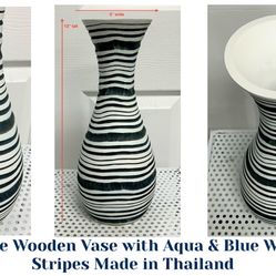 White Wooden Vase with Aqua & Blue Wavy Stripes Made in Thailand 