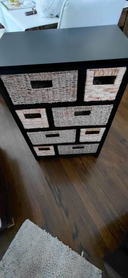 Black Storage Cabinet with Wicker Baskets