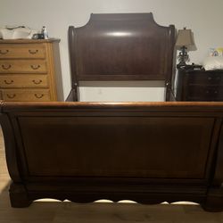Queen Sleigh Bed frame, Nightstand, Long Dresser, Mirror