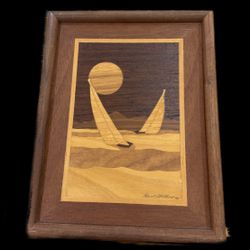 Hudson River Inlay Marquetry Art 15.25" x 12" Sailboat - Signed Jeff Nelson