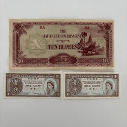 WWII Currency Lot Hong Kong 1 Cent x2 + Japan Govt 10 Rupees Note