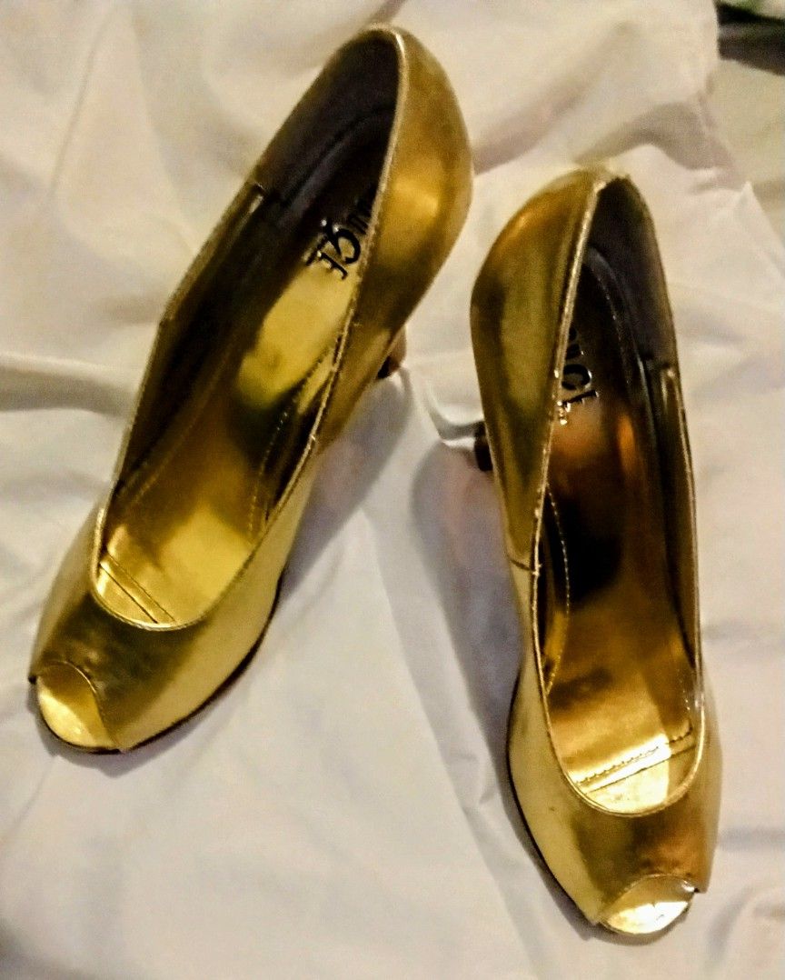 Rouge helium GOLD 5.5" High Heel PEEP Toe 2"PLATFORM Shoes Women Size 8 1/2