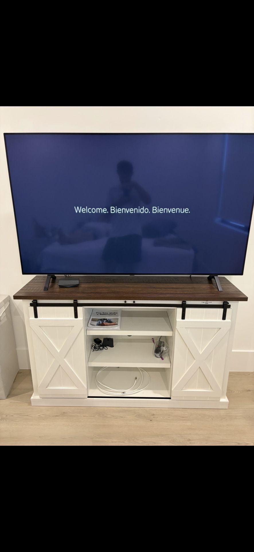 Entertainment Center Console with Storage & Shelves, Barn Door TV Console Table - White (like new)