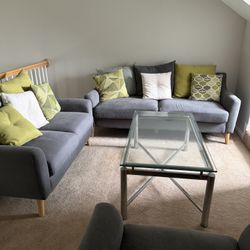 Gray Fabric Sofas Armchair Glass Coffee Table Set