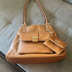 Brown Pleather Shoulder Bag Purse with Mini Wallet
