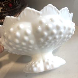 Fenton Hobnail Milk Glass Candle Bowl, Pedestal Candle Holder or Flower Bowl