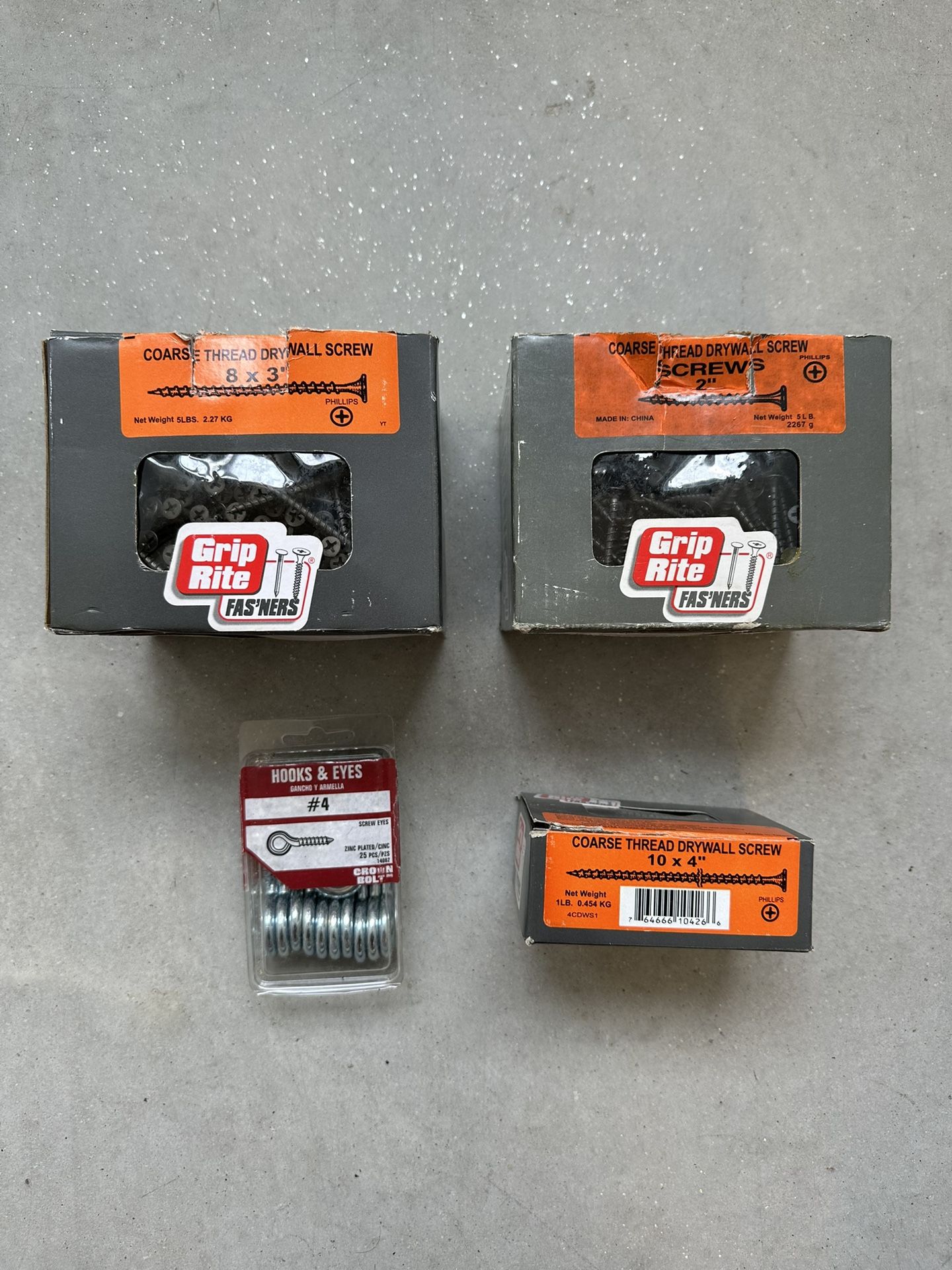Grip Rite Fas’ners Coarse Thread Drywall Screws Hooks & Eyes Lot
